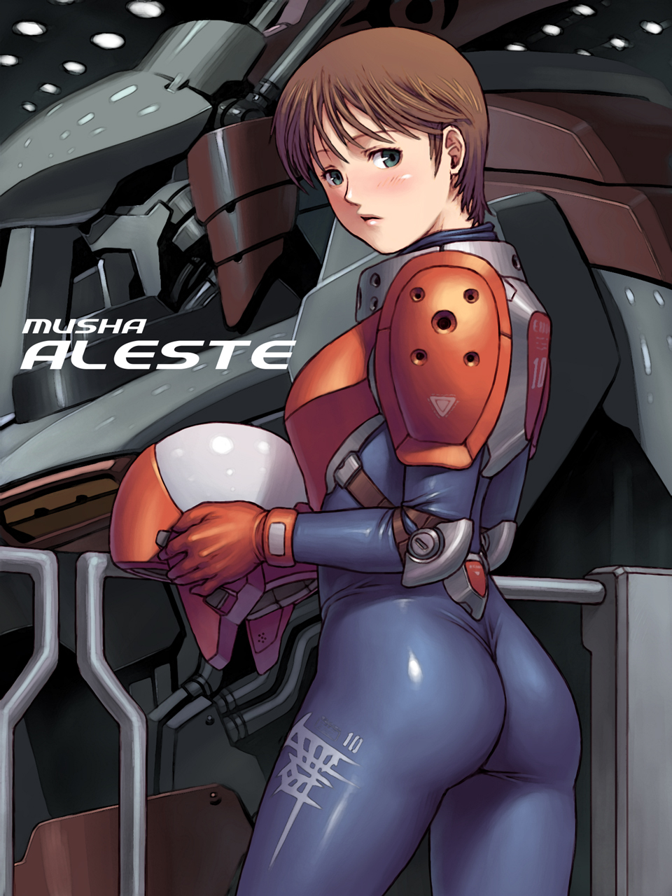 0-jirow 1girl 90s armor ass bodysuit brown_hair circle_garyuu copyright_name ellinor ellinor_weisen game_console gloves green_eyes helmet highres mecha military military_uniform musha_aleste oldschool pilot_suit red_gloves sega sega_mega_drive short_hair solo spacesuit uniform video_game zan_amagi