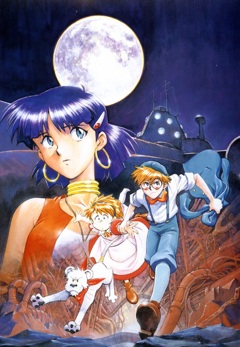 1boy 2girls 90s bandeau brown_hair dark_scan dark_skin earrings fushigi_no_umi_no_nadia glasses hat highres jean_coq_de_raltigue jean_roque_raltique jewelry king king_(nadia) lion marie_en_carlsberg moon multiple_girls nadia nautilus neck_ring purple_hair sadamoto_yoshiyuki scan short_hair tubetop vest