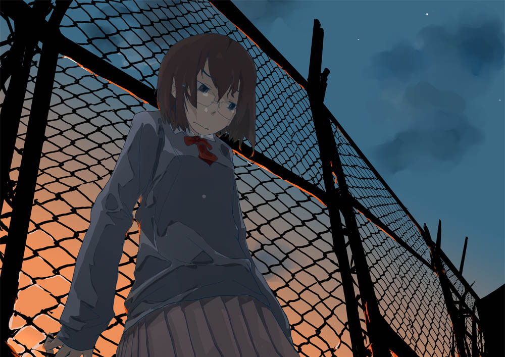 1girl chain-link_fence dusk evening fence glasses keisan original school_uniform serafuku sky solo sunset
