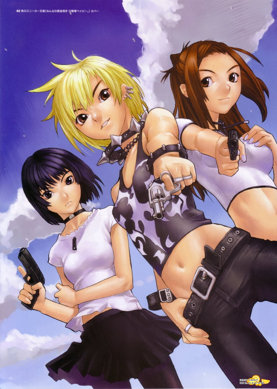 3girls arm_grab bangs belt black_legwear blonde_hair blue_eyes blue_hair bracelet brown_eyes brown_hair choker clouds collar crop_top denim dutch_angle earrings female flat_chest foreshortening frown grin gun hakua_ugetsu hand_on_hip hand_on_own_chest handgun highres jeans jewelry leather leather_pants legwear long_hair looking_at_viewer midriff miniskirt minna_no_shoukinkasegi multiple_girls nail_polish navel official_art outdoors outstretched_arm pants pantyhose pistol pleated_skirt purple_hair revolver ring scan semiautomatic shirt_lift short_hair skirt skirt_lift sky smile spiked_bracelet spiked_collar spikes standing studded_belt tank_top thigh-highs trigger_discipline watermark weapon wind_lift