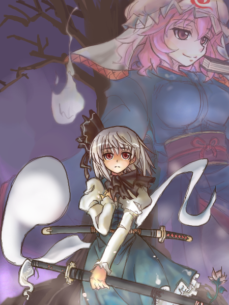 2girls female flower fujii fujii_jun ghost japanese_clothes katana kimono konpaku_youmu konpaku_youmu_(ghost) multiple_girls pink_hair saigyouji_yuyuko sheath sheathed short_hair silver_hair sword touhou weapon