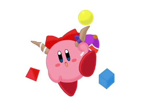 blush_stickers cube female horns hoshi_no_kirby ibuki_suika ibuki_suika_(cosplay) kirby kirby_(series) nintendo no_humans parody pyramid ribbon shapes simple_background sphere tagme touhou