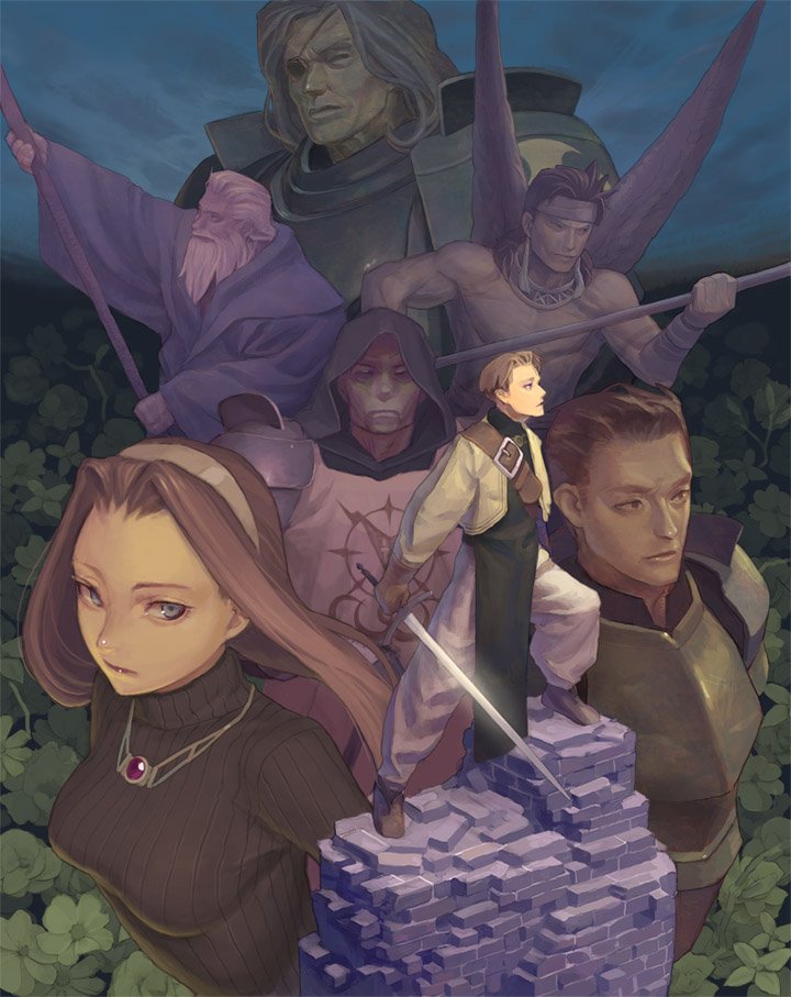 1girl 6+boys artdink canopus_wolff canopus_wolph cape catiua_powell closed_mouth collarbone denim_powell everyone expressionless glint holding holding_sword holding_weapon kachua_powell lans_hamilton lans_tartare long_hair looking_at_viewer monster multiple_boys on4ce short_hair sword tactics_ogre topless unsheathed very_long_hair very_short_hair vice_bozeg warren_moons weapon