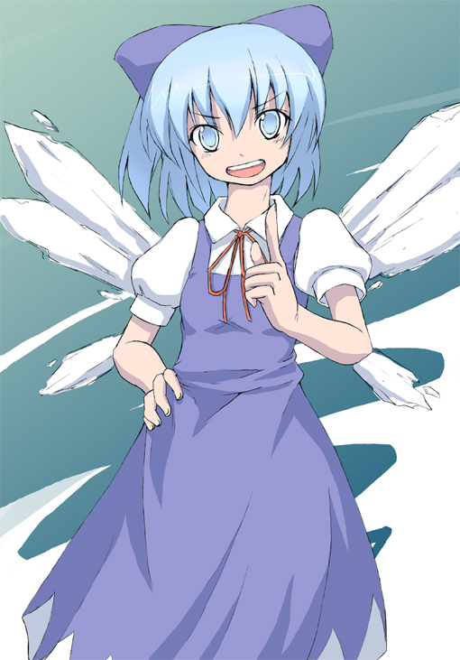 1girl :d blue_background blue_dress blue_eyes blue_hair cirno collar crystal dawy dress fairy fairy_wings female ice ice_wings index_finger_raised looking_at_viewer open_mouth red_ribbon ribbon simple_background smile solo the_embodiment_of_scarlet_devil touhou wings