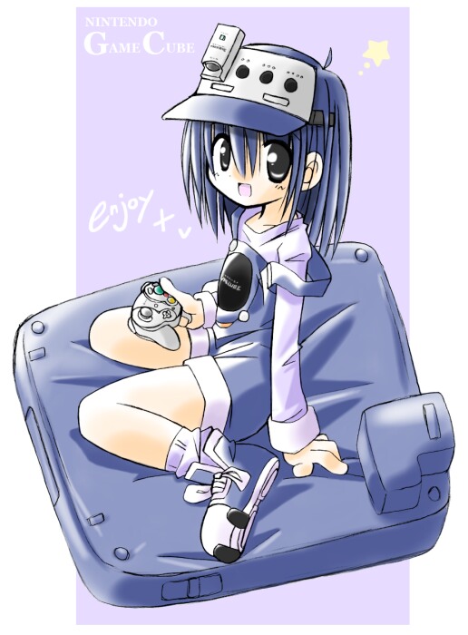 1girl blue_hair character_name controller game_boy_player game_console game_controller gameboy_player gamecube gamecube-tan handheld_game_console hat nintendo overalls pillow playing_games rascal sitting solo video_game