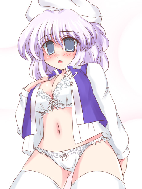 1girl blush bra breasts female gradient gradient_background letty_whiterock lingerie open_clothes open_shirt panties ry shirt solo thigh-highs touhou underwear white_background