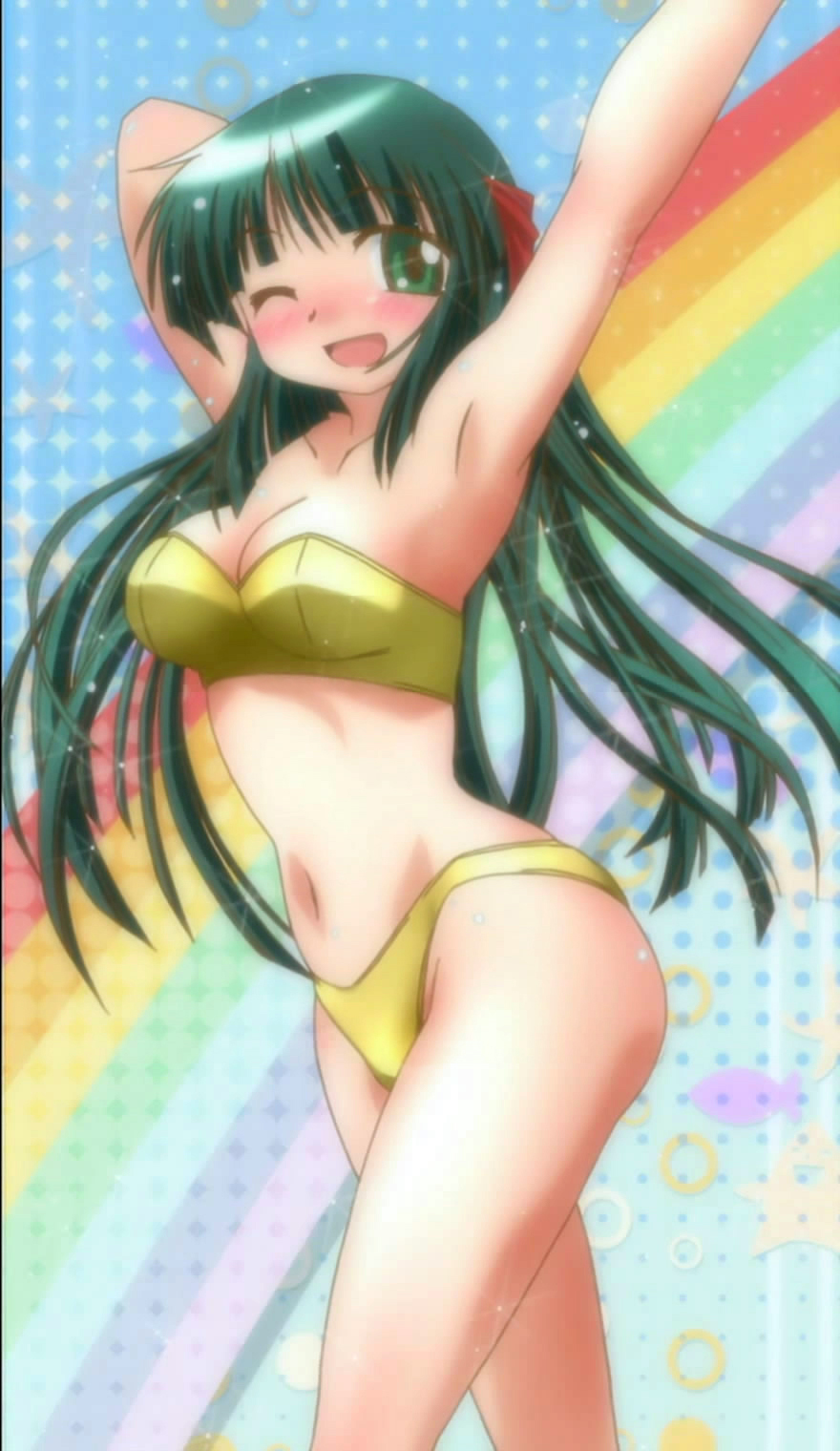 1girl armpits bikini blush eyebrows_visible_through_hair green_eyes green_hair hidamari_sketch highres long_hair navel open_mouth screencap solo swimsuit wink yoshinoya