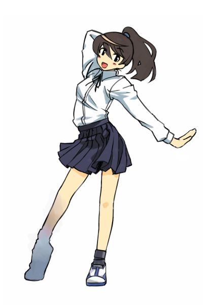 1girl arm_up blue_skirt collared_shirt contrapposto full_body long_sleeves looking_back michael ponytail pose school_uniform serafuku shirt shoes simple_background skirt sneakers solo white_background white_shirt
