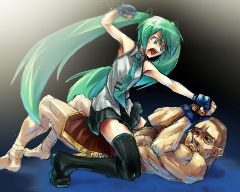 1boy 1girl armpits beating blood breasts bruise fighting fingerless_gloves girl_on_top gloves green_eyes green_hair hatsune_miku injury long_hair miniskirt mixed_martial_arts motion_blur mounted_punching necktie open_mouth pain punching screaming skirt small_breasts straddling sweat thigh-highs thighs tsuki_hiro twintails very_long_hair vocaloid