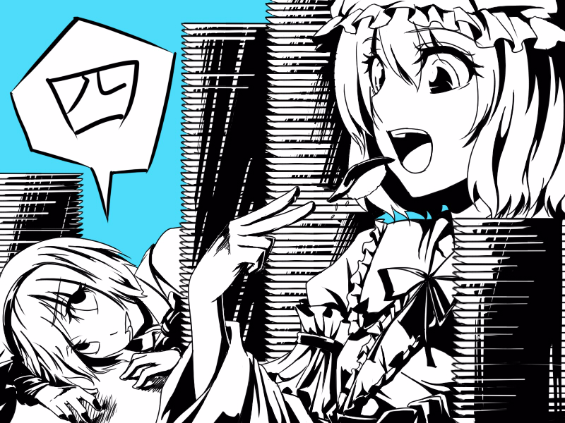 2girls bad_id blue_background eating exhausted female food hair_between_eyes head_rest konpaku_youmu monochrome multiple_girls open_mouth plate saigyouji_yuyuko saliva satori satori_(transient_wind) short_hair simple_background speech_bubble sushi table teeth touhou upper_body