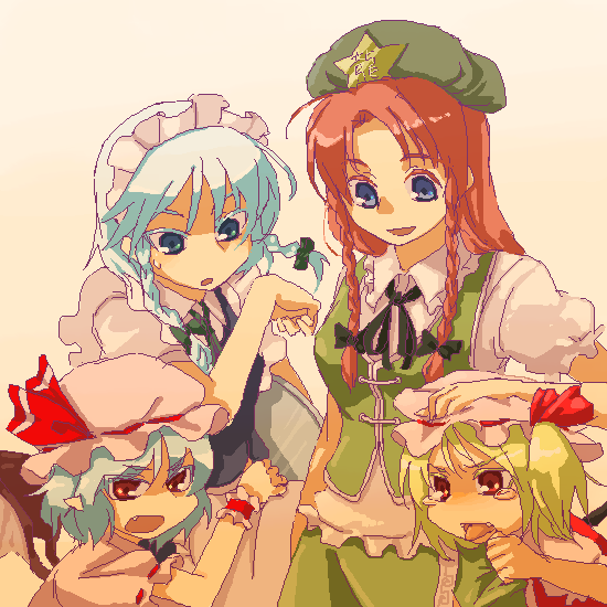 4girls :d beret blue_dress blue_eyes blush braid child china_dress chinese_clothes demon_tail dress female flandre_scarlet frills green_dress hat height_difference hong_meiling izayoi_sakuya mob_cap multiple_girls oekaki open_mouth puffy_short_sleeves puffy_sleeves red_eyes redhead remilia_scarlet short_sleeves silver_hair smile star tail takishima_asaka the_embodiment_of_scarlet_devil touhou twin_braids upper_body wings wrist_cuffs