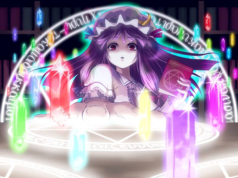 1girl book bow crescent danmaku female hat hexagram hyuuga_azuri long_hair looking_at_viewer magic_circle open_mouth outstretched_hand patchouli_knowledge purple_hair solo touhou violet_eyes