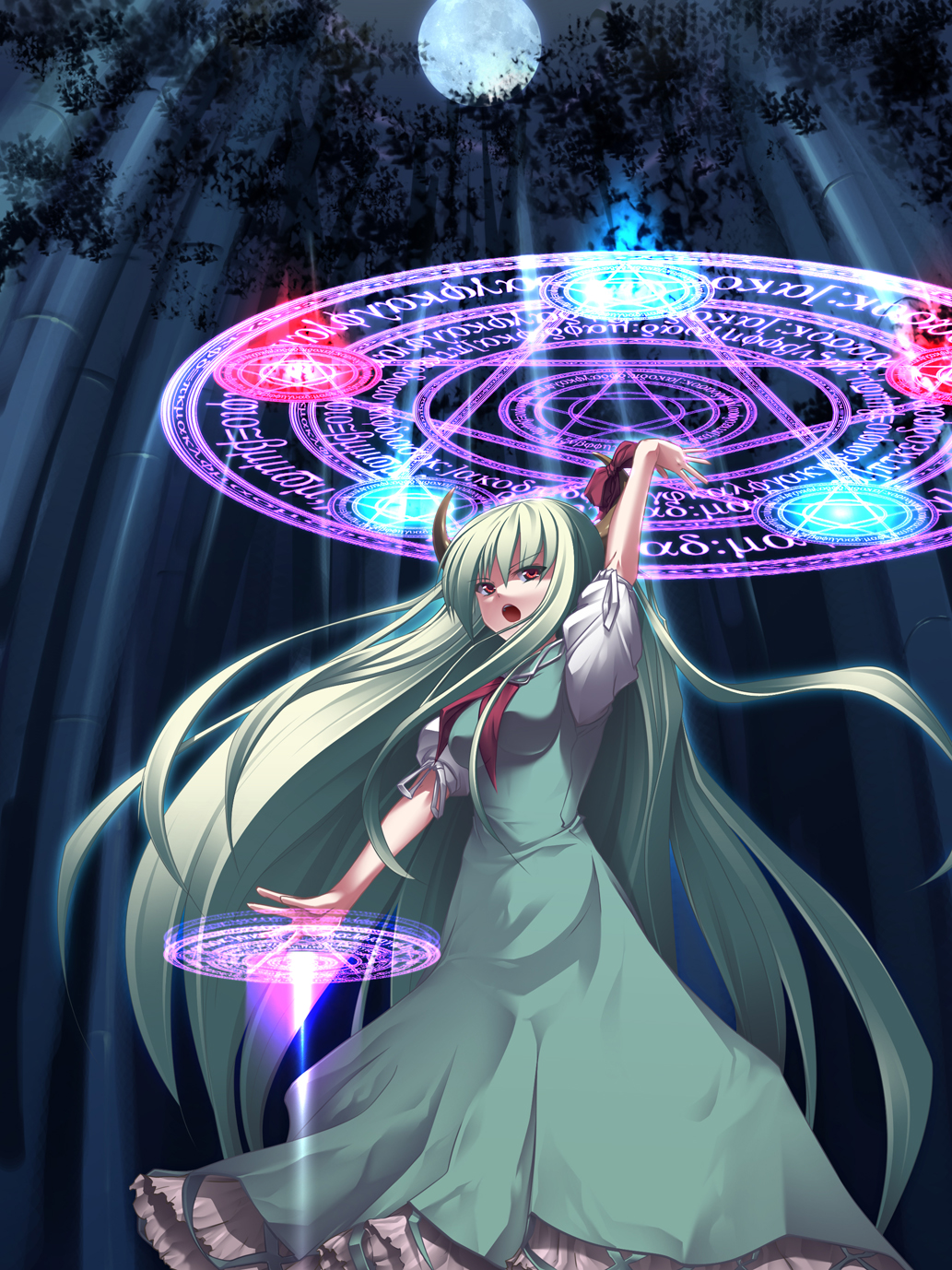 1girl bamboo bamboo_forest date_hajime dress ex-keine female forest full_moon green_hair highres horns kamishirasawa_keine long_hair magic_circle moon nature necktie open_mouth pentagram ribbon solo touhou tree