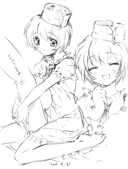 1girl barefoot bisuke-tan closed_eyes ever_17 graphite_(medium) hug kamiya_maneki kneeling monochrome open_mouth short_hair sitting sketch smile traditional_media wariza you