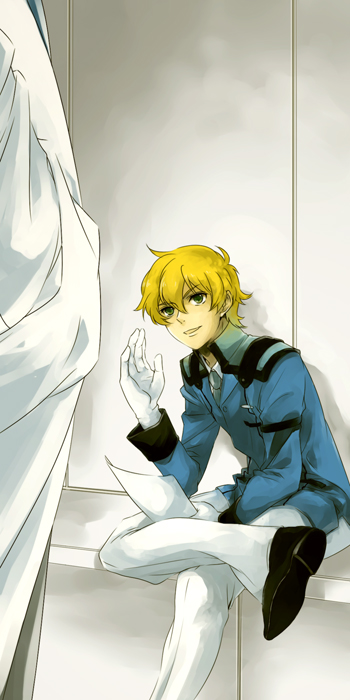 2boys blonde_hair gloves graham_aker green_eyes gundam gundam_00 lyle_dylandy male_focus multiple_boys