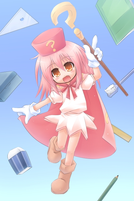 1girl ? benesse cape eraser hat hatena_yousei kso pencil pink_hair pink_hat solo staff toothbrush wooden_pencil