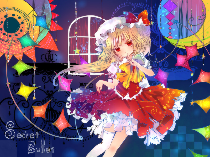 1girl asymmetrical_clothes blonde_hair bow colored_eyelashes crescent crescent_moon eyelashes female finger_to_mouth flandre_scarlet hat moon red_eyes side_ponytail single_thighhigh skirt skirt_hold solo star thigh-highs torii_sumi torn_clothes touhou wallpaper white_legwear wings