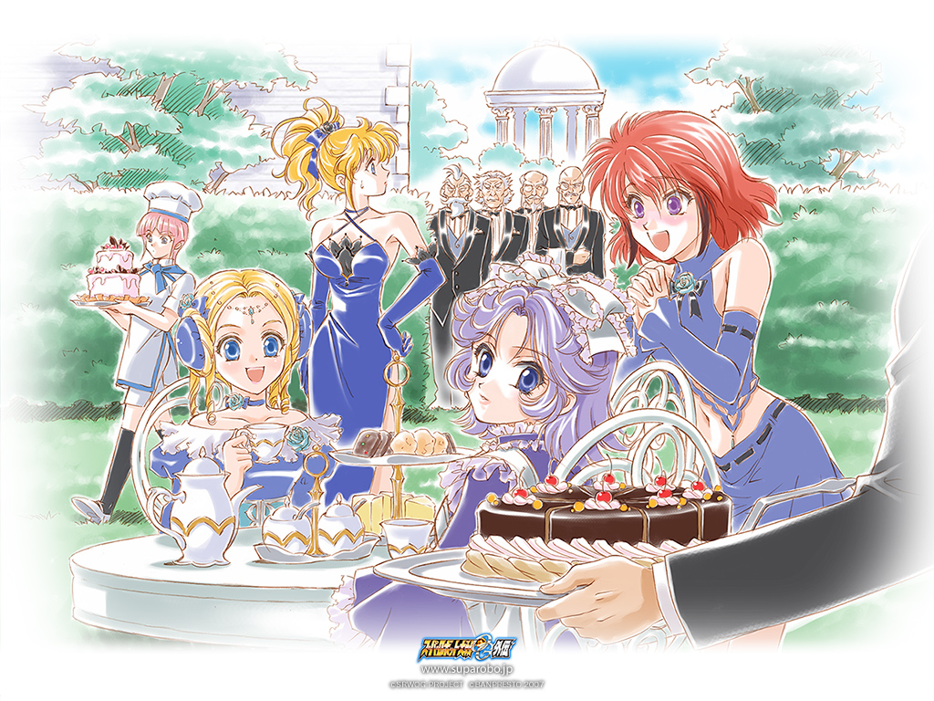 5boys 5girls :d age_difference armpits bald bangs banpresto bare_shoulders black_legwear blonde_hair blue_eyes blue_hair bow bowtie bun_cover butler cake chef cherry choker circlet clouds cup double_bun dress drill_hair excellen_browning facial_hair flower food formal frills from_behind fruit goatee grass hair_bow hair_ornament halterneck hand_on_hip hands_clasped happy ibis_douglas jewelry kneehighs kouno_sachiko latooni_subota lolita_fashion long_hair looking_at_viewer looking_away looking_back mai_kobayashi mary_janes midriff monocle multiple_boys multiple_girls mustache nature navel off_shoulder official_art old_man open_mouth outdoors parted_bangs pastry pink_hair plate pleated_skirt ponytail redhead rose shine_hausen shoes short_hair side_slit sidelocks sitting skirt sky smile socks standing suit super_robot_wars super_robot_wars_original_generation sweatdrop table tea teacup teapot towel tree turtleneck violet_eyes walking wallpaper wavy_hair white_hair wide_sleeves
