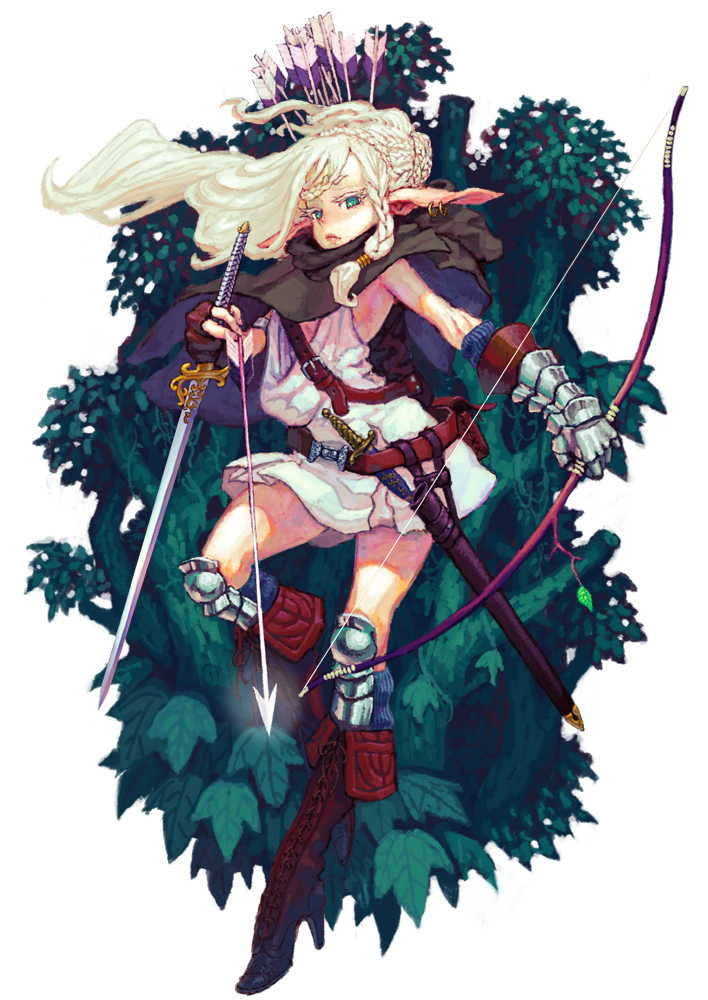 1girl arrow bow_(weapon) braid cape dagger earrings jewelry jon_taira leaf pixiv pixiv_fantasia pixiv_fantasia_1 pointy_ears solo sword tree weapon