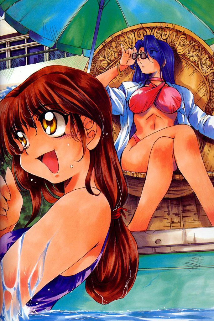 2girls adjusting_sunglasses artbook beach_umbrella bikini blue_hair blush bracelet breasts brown_eyes brown_hair chain-link_fence chair choker criss-cross_halter fence glasses hair_over_one_eye halter_top halterneck hishinuma_nanako holding holding_glasses inoue_sora jewelry large_breasts legs_crossed long_hair mitsurugi_ryouko multiple_girls navel no_glasses one-piece_swimsuit open_mouth outdoors pince-nez ponytail pool poolside real_bout_high_school scan scan_artifacts school school_swimsuit sitting sunglasses swimsuit water yellow_eyes yuuki_hitomi