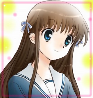 1girl blue_eyes brown_hair fruits_basket ginko_(konekonoshippo) hair_ribbon honda_tooru long_hair lowres ribbon school_uniform serafuku solo