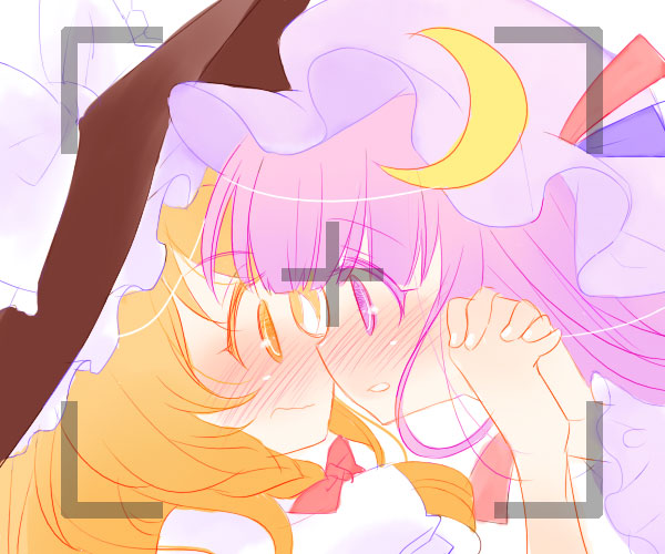 2girls blonde_hair blush bow braid crescent eye_contact face-to-face female hair_bow hand_holding hat hat_bow interlocked_fingers kirisame_marisa looking_at_another maitou mob_cap multiple_girls patchouli_knowledge thaddeus touhou viewfinder violet_eyes witch_hat yellow_eyes yuri