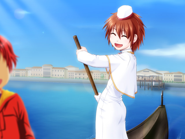 1girl :d ^_^ ^o^ aria ayumi_k_jasmine boat capelet caryo city closed_eyes coast dress garrison_cap gondola hat long_sleeves ocean open_mouth paddle shaded_face shore smile solo_focus standing takeda_yukimura water watercraft white_dress