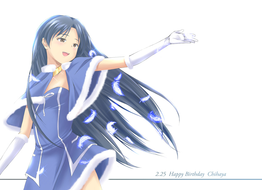 1girl :d black_hair blue_dress brown_eyes capelet choker cute_&amp;_girly_(idolmaster) dated dress feathers fur_trim glint gloves happy_birthday idolmaster kisaragi_chihaya long_hair nishi_(count2.4) open_mouth simple_background smile solo upper_body white_background white_gloves