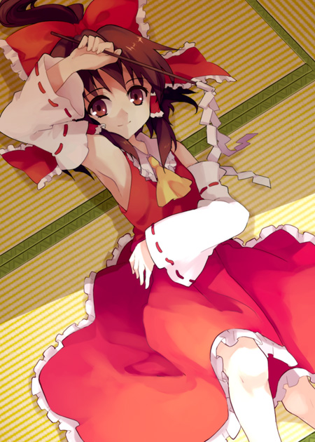 1girl arm_up armpits bare_shoulders bow brown_hair detached_sleeves female from_above gohei hair_bow hair_tubes hakurei_reimu hands japanese_clothes koto_(colorcube) long_hair lying miko on_back ponytail red_eyes smile solo tatami touhou