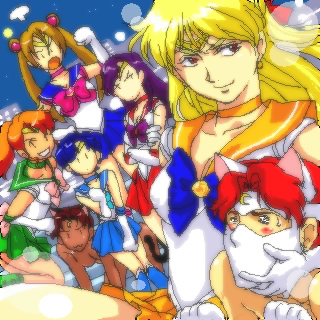 2boys 5girls artemis_(sailor_moon) artemis_(sailor_moon)_(cosplay) bishoujo_senshi_sailor_moon blue_skirt bow chronicle_asher cosplay green_skirt gundam inner_senshi junko_jenko kate_bush katejina_loos lowres luna_(sailor_moon) luna_(sailor_moon)_(cosplay) magical_girl mahalia_merril marbet_fingerhat miliera_katan multiple_boys multiple_girls nanboku oekaki orange_skirt parody pink_bow red_bow red_skirt sailor_jupiter sailor_jupiter_(cosplay) sailor_mars sailor_mars_(cosplay) sailor_mercury sailor_mercury_(cosplay) sailor_moon sailor_moon_(cosplay) sailor_senshi sailor_venus sailor_venus_(cosplay) skirt victory_gundam