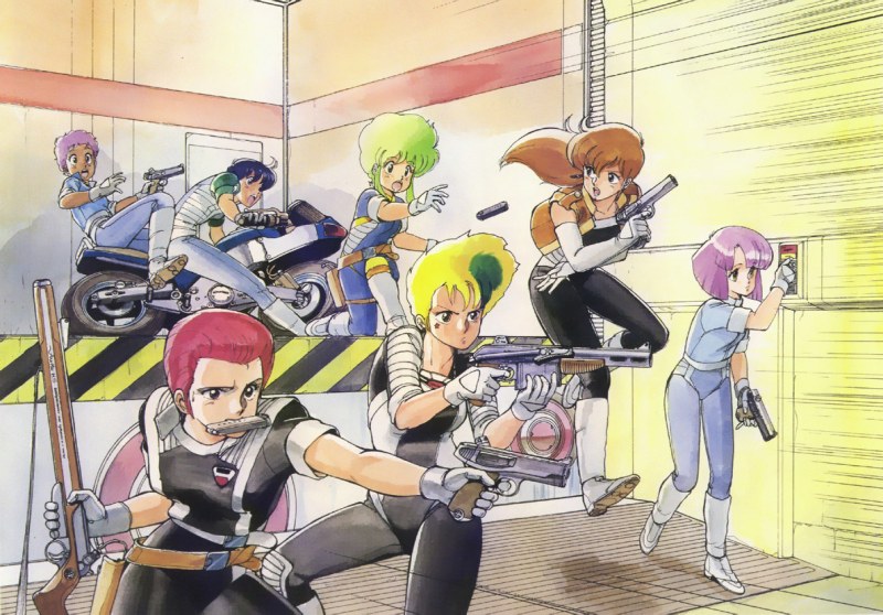 6+girls 80s android belt blonde_hair blue_hair bodysuit boots brown_hair catty dark_skin dual_wielding elbow_gloves eluza elza_(gall_force) everyone fighting_stance gall_force gloves green_hair ground_vehicle gun handgun holster jumping knee_boots long_hair lufy motor_vehicle motorcycle mouth_hold multicolored_hair multiple_girls oldschool patty pink_hair pistol pony pony_(gall_force) purple_hair rabby rifle rumy short_hair shotgun sonoda_ken'ichi two-tone_hair uniform vehicle vest weapon