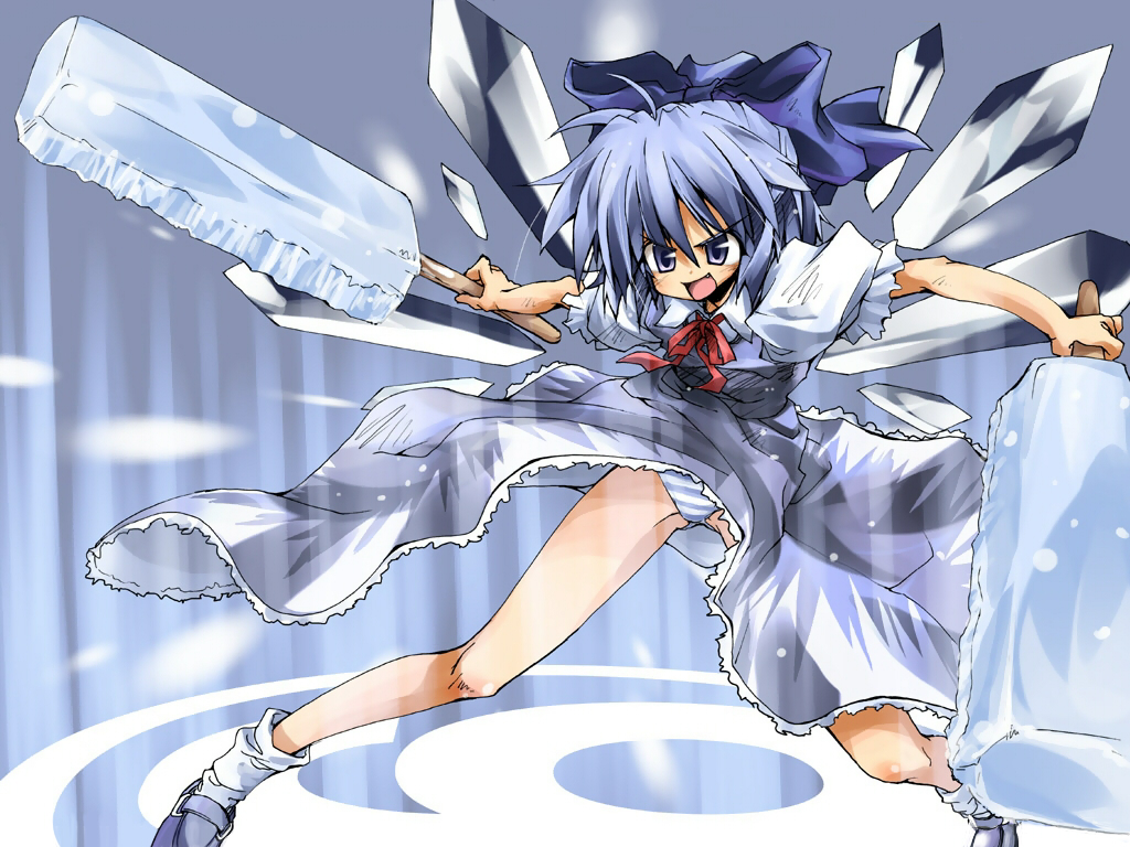 (9) 1girl ahoge angry blue_eyes blue_hair blush bow cirno crystal_sword delusion_overdose dress dual_wielding fang female fighting_stance food frills hair_bow ice ice_wings legs magic matsuno_canel open_mouth panties pantyshot pantyshot_(standing) phantasmagoria_of_flower_view popsicle ribbon shoes short_hair smile socks solo standing striped striped_panties sword touhou underwear wallpaper weapon wind wind_lift wings