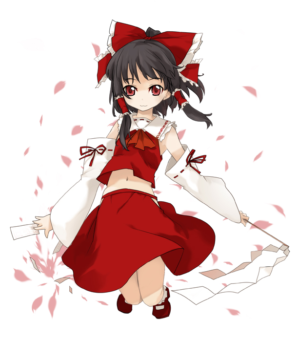 1girl :3 ascot black_hair bow detached_sleeves female gohei hair_bow hair_tubes hakurei_reimu kusano_houki midriff perfect_cherry_blossom red_eyes solo touhou