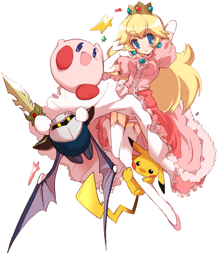 1girl blonde_hair blue_eyes crossover crown dress elbow_gloves garter_belt garters gloves high_heels hizuki_yayoi holding kirby kirby_(series) lingerie long_hair super_mario_bros. meta_knight nintendo petticoat pikachu pink_dress pink_shoes pokemon princess_peach shoes simple_background star super_mario_bros. super_smash_bros. sword thigh-highs underwear weapon white_background yellow_eyes