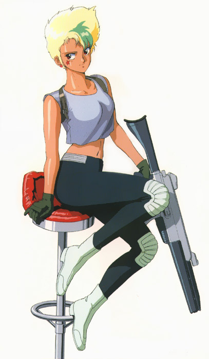 1girl 80s bandaid blonde_hair boots chair crop_top earrings full_body gall_force gloves green_hair gun jewelry knee_pads lufy midriff multicolored_hair navel oldschool pants red_eyes rifle short_hair simple_background sitting sleeveless smile solo sonoda_ken'ichi star stool tan two-tone_hair weapon