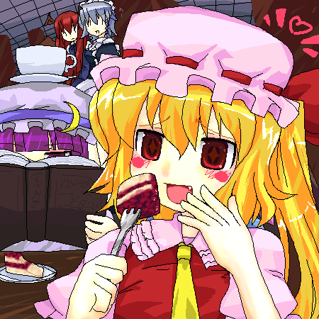 +_+ 4girls :d ascot bat_wings blonde_hair blush blush_stickers cake crescent fang female flandre_scarlet food fork hat head_wings heart izayoi_sakuya koakuma kt2 long_hair lowres maid maid_headdress multiple_girls object_on_head oekaki open_mouth pastry patchouli_knowledge purple_hair red_eyes redhead short_hair side_ponytail silver_hair smile the_embodiment_of_scarlet_devil touhou violet_eyes wings |_|