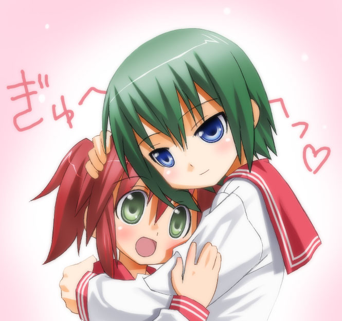 2girls hug iwasaki_minami kobayakawa_yutaka lucky_star multiple_girls umekichi