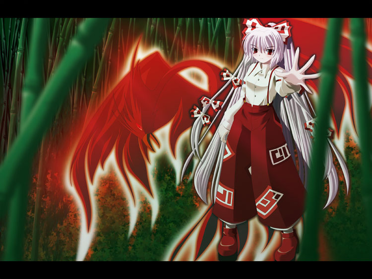 1girl bamboo bamboo_forest bird bow female fiery_wings forest fujiwara_no_mokou hair_bow letterboxed long_hair nature phoenix red_eyes side_b silver_hair solo suspenders touhou very_long_hair wings