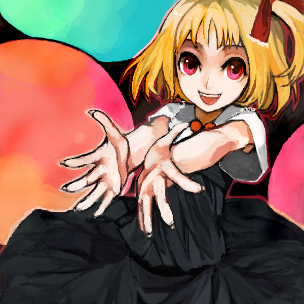 1girl blonde_hair female foreshortening hair_ribbon hands outstretched_arms red_eyes ribbon rumia short_hair smile solo the_embodiment_of_scarlet_devil touhou xero youkai