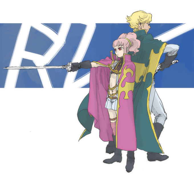 anya_alstreim back-to-back blonde_hair cape code_geass gino_weinberg haneda_(pixiv56838) pink_hair red_eyes sword weapon