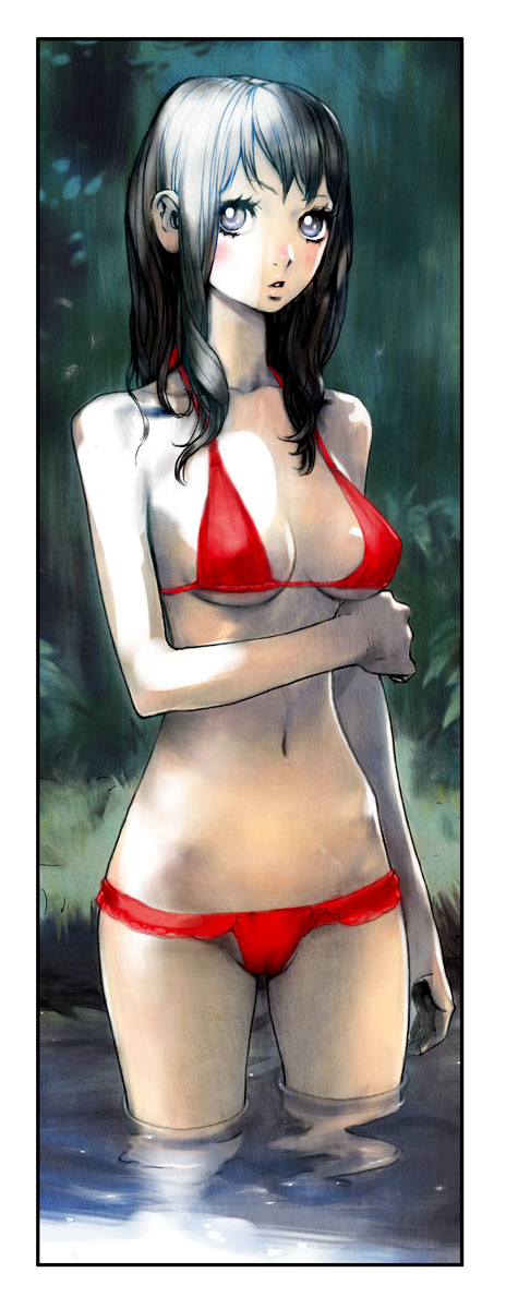 1girl bikini black_hair breasts grey_eyes highres navel original red_bikini solo swimsuit under_boob wading water yasuda_akira