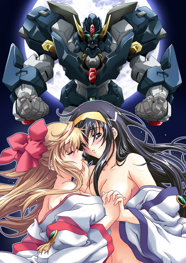 00s 2girls bare_shoulders black_hair blue_eyes blush bow breasts chin_grab cleavage clenched_hands closed_eyes couple female floating_hair full_moon glowing glowing_eyes hair_between_eyes hair_bow hair_over_one_eye hair_ribbon hairband half_updo hand_holding hand_on_another's_face highres himemiya_chikane incipient_kiss interlocked_fingers japanese_clothes kannazuki_no_miko kurusugawa_himeko light_brown_hair long_hair looking_at_another mecha miko moon multiple_girls mutual_yuri nagayori night night_sky nude off_shoulder parted_lips profile ribbon shiny shiny_hair touching undressing yuri