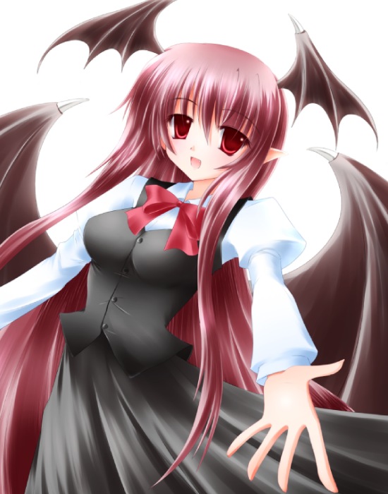1girl breasts demon_wings female head_wings koakuma long_hair outstretched_arms outstretched_hand pointy_ears red_eyes redhead shirotsuki_kouta smile solo the_embodiment_of_scarlet_devil touhou wings