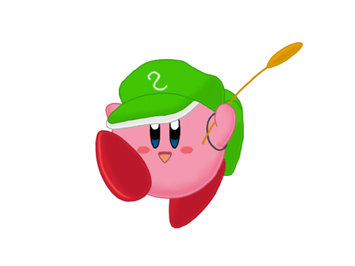 :d backpack bag blue_eyes blush crossover female flat_cap fusion green_hat hat kawashiro_nitori kirby kirby_(series) looking_at_viewer no_humans open_mouth parody randoseru simple_background smile solo touhou white_background