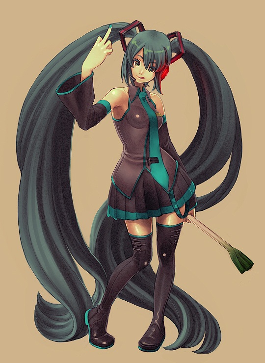 blue_eyes blue_hair boots detached_sleeves hatsune_miku headset hips long_hair middle_finger necktie skirt spring_onion thigh-highs thigh_boots twintails very_long_hair vocaloid wide_hips yugume zettai_ryouiki