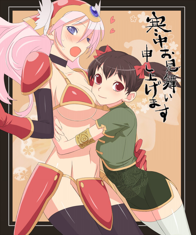 2girls armor bad_id bare_shoulders bikini bikini_armor black_legwear blush breasts brown_hair china_dress chinese_clothes chunsoft cleavage dragon_quest dragon_quest_iii dress elbow_gloves enix fighter_(dq3) gloves helmet large_breasts miniskirt multiple_girls pink_hair red_eyes skirt soldier_(dq3) swimsuit thigh-highs twintails ume_(driveume) violet_eyes white