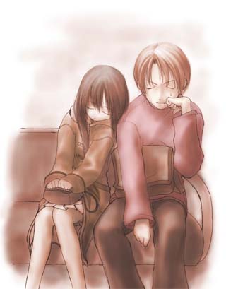 1boy 1girl brown_hair couch couple hetero lowres sakura_misaki_(sakura_densetsu) short_hair sleeping sweatdrop