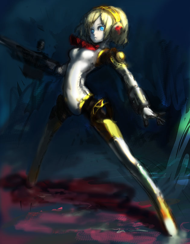 aegis aegis_(persona) android atlus binayu blonde_hair blue_eyes gun persona persona_3 ribbon weapon