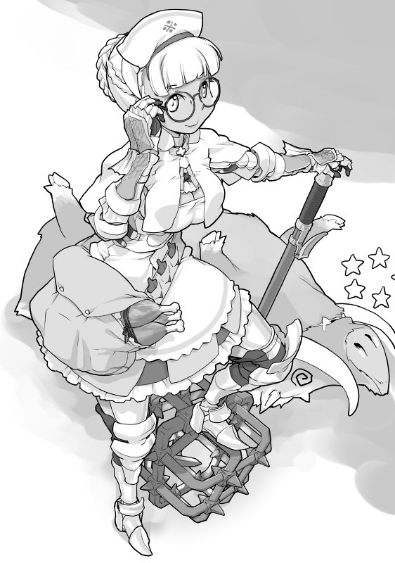 1girl @_@ adjusting_glasses apron armor armored_dress bag bangs blunt_bangs boar boots braid breasts bullfango capcom capelet cleavage cleavage_cutout death dress fangs food frills from_above glasses gloves hair_bun hammer hat healer_(armor) large_breasts leg_up looking_away lying monochrome monster monster_hunter najimi_shin nurse on_back saliva satchel short_dress short_hair side_braid smile solo spikes standing star strap thigh-highs thigh_boots weapon zettai_ryouiki