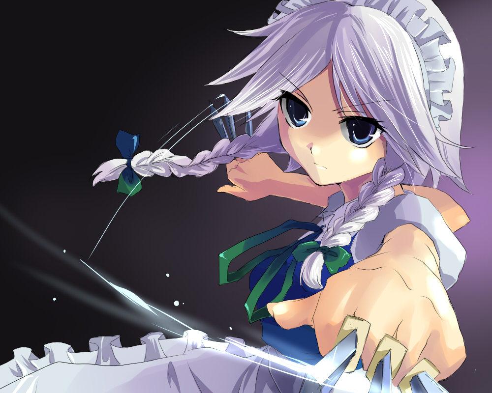 1girl between_fingers blue_eyes bow braid bus female foreshortening glint ground_vehicle hair_bow izayoi_sakuya knife kobanzame lavender_hair maid_headdress motor_vehicle outstretched_arms serious short_hair silver_hair simple_background solo spread_arms touhou twin_braids vehicle